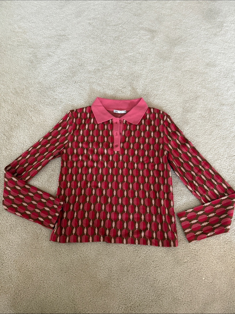 Zara Pink and Brown Geometric Long-Sleeve Polo